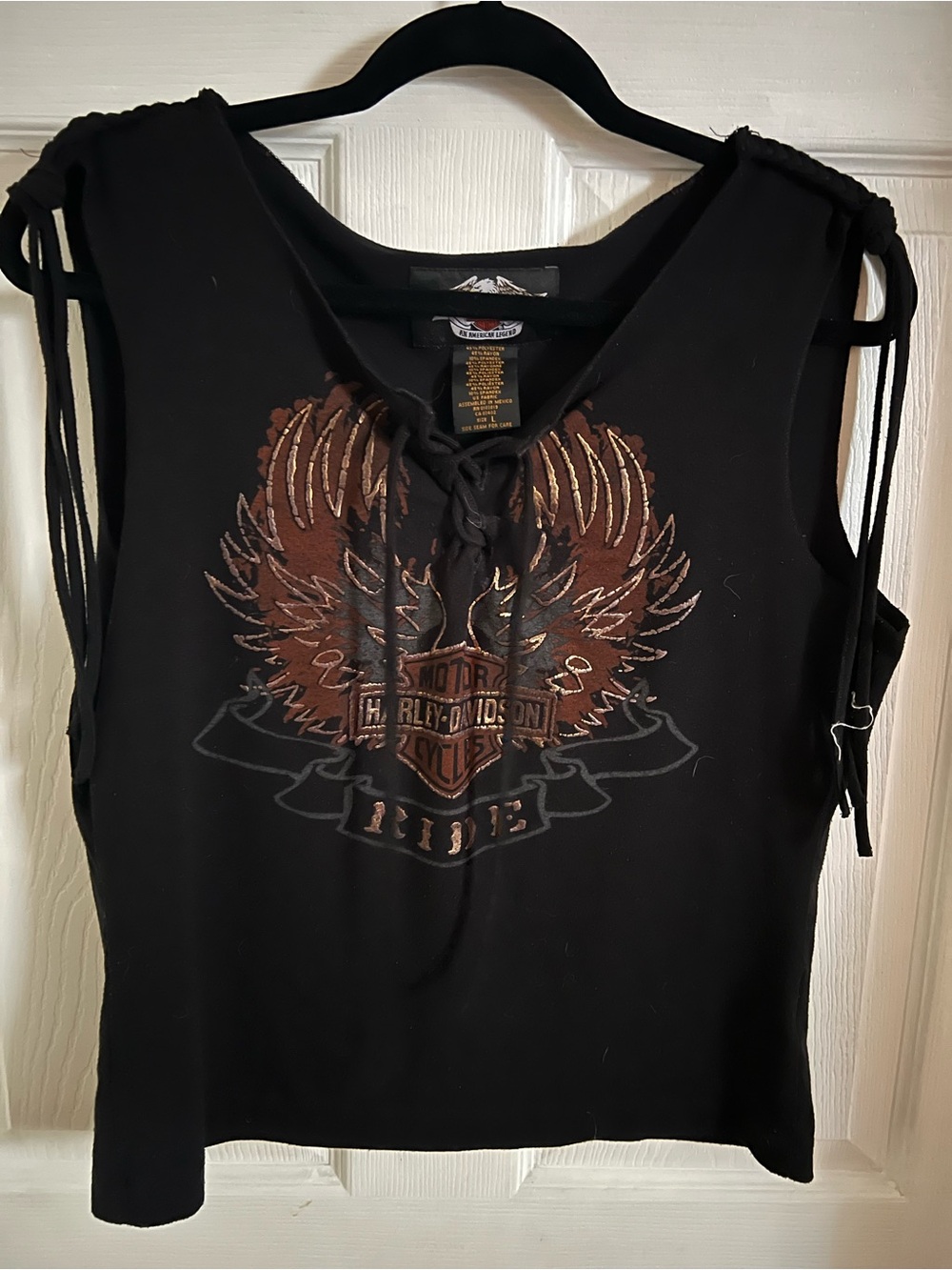 Harley-Davidson Black Tank with Brown Wing Graphic and Lace-Up Neckline